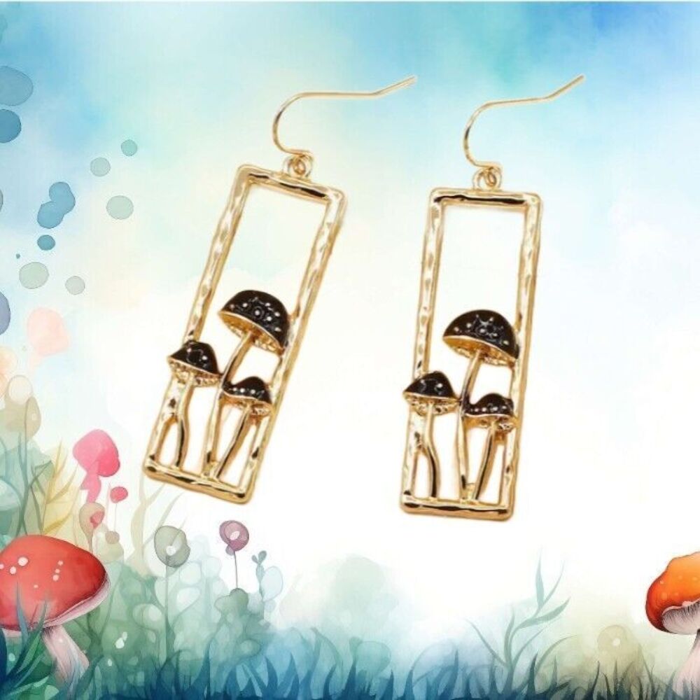 Black Enamel Rectangle Fantasy Mushroom Earrings